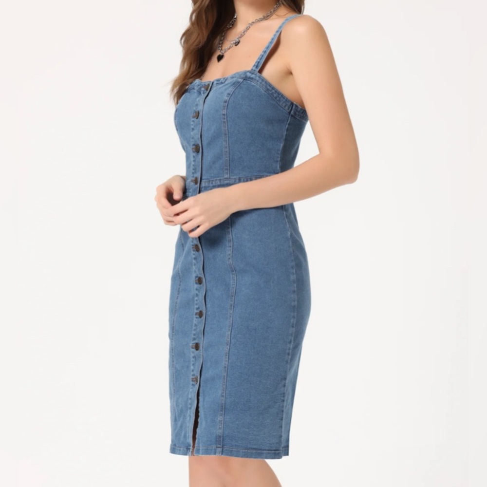 Allegra K Button Down Denim Sleeveless Sweetheart Neck Jeans Dress, Light Blue